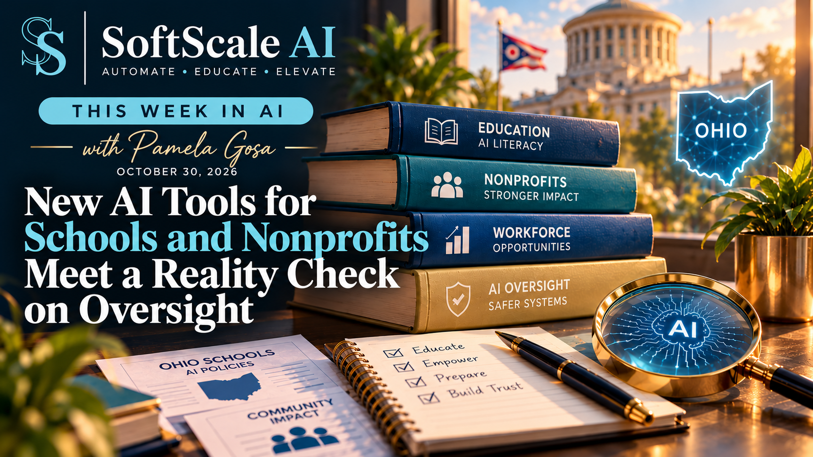 SoftScale AI's October 30, 2026 This Week in AI cover for “New AI Tools for Schools and Nonprofits Meet a Reality Check on Oversight.” A sunlit Ohio-inspired editorial desk features stacked books on AI literacy in education, nonprofit technology, workforce development and responsible AI oversight, with Ohio school AI policy documents, a handwritten readiness checklist and a magnifying glass showing an AI circuit. The design uses SoftScale AI's navy, muted turquoise and soft gold branding.