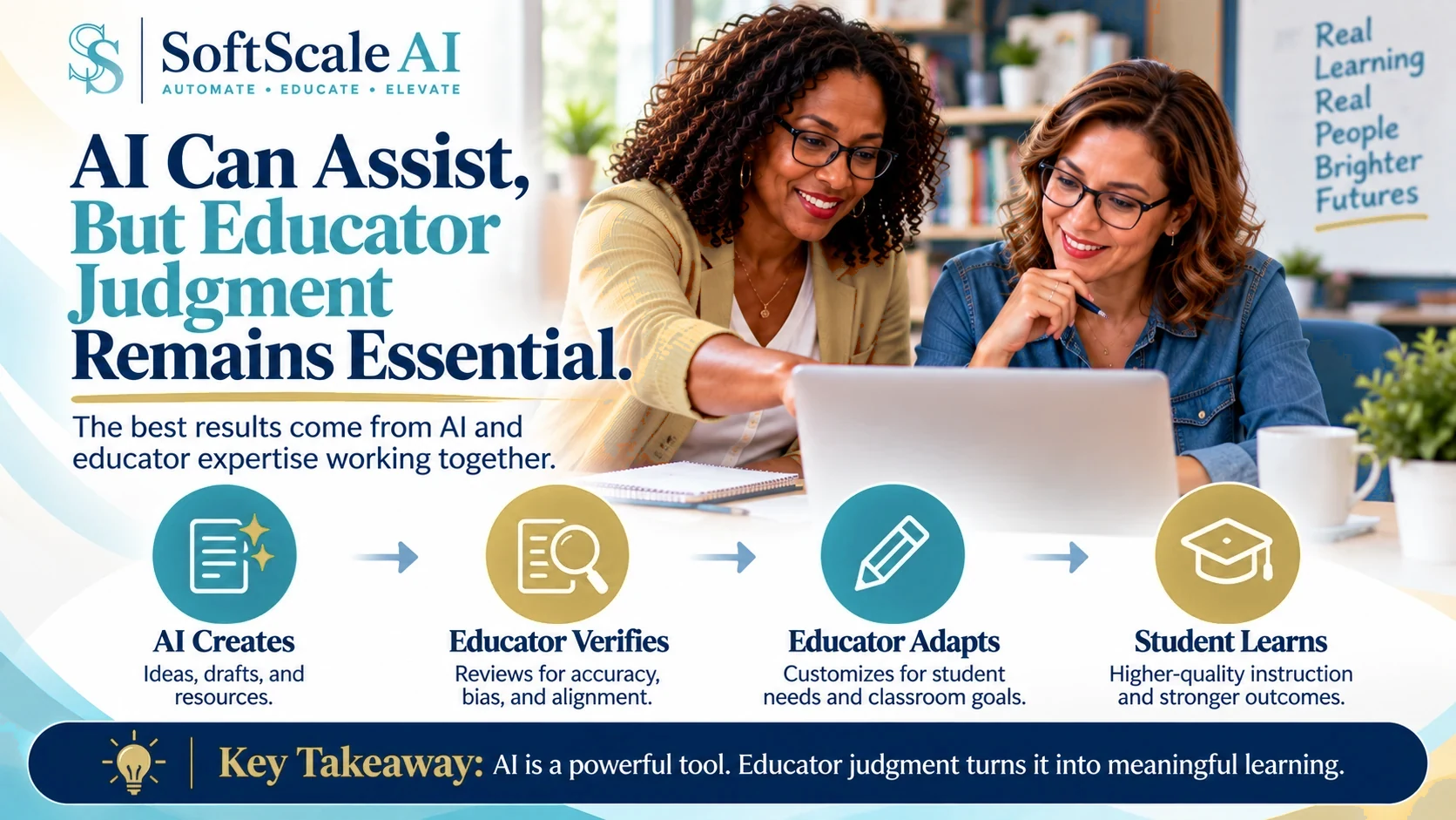 Educators reviewing AI-assisted classroom content with a four-step process showing AI creation, educator verification, adaptation, and student learning.
