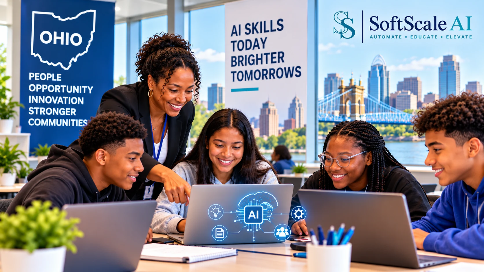 Ohio students learning practical AI skills with a mentor in a collaborative technology workshop, with Ohio imagery and SoftScale AI branding.
