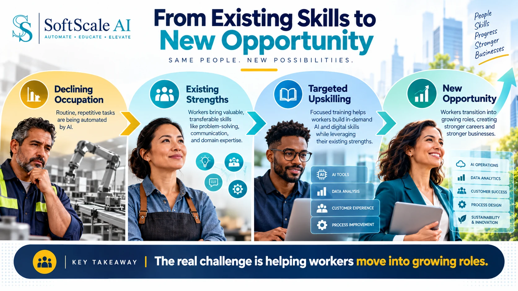 Infographic showing workers moving from declining occupations toward growing opportunities by building on transferable skills and completing targeted AI and digital upskilling.