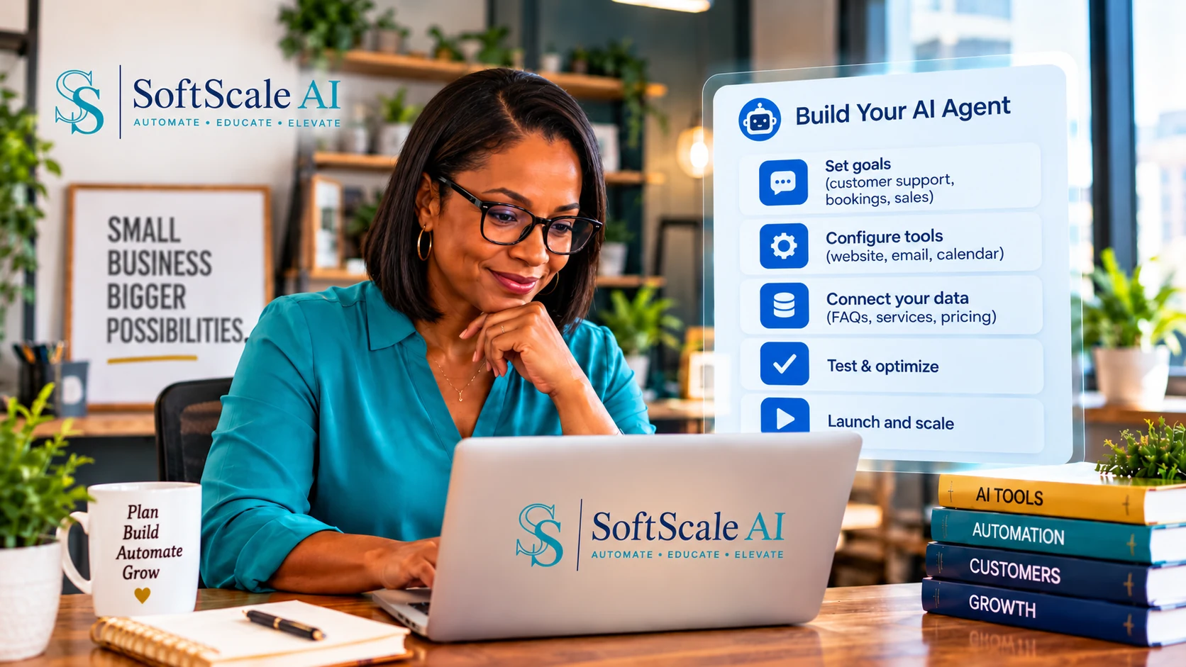 African American small-business owner configuring an AI agent for customer support, bookings, sales, connected tools and business growth.