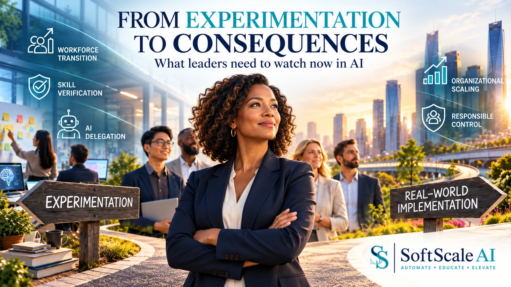 African American business leader at the center of an AI-themed visual showing the shift from experimentation to real-world consequences across workforce skills, delegation, scaling and governance.