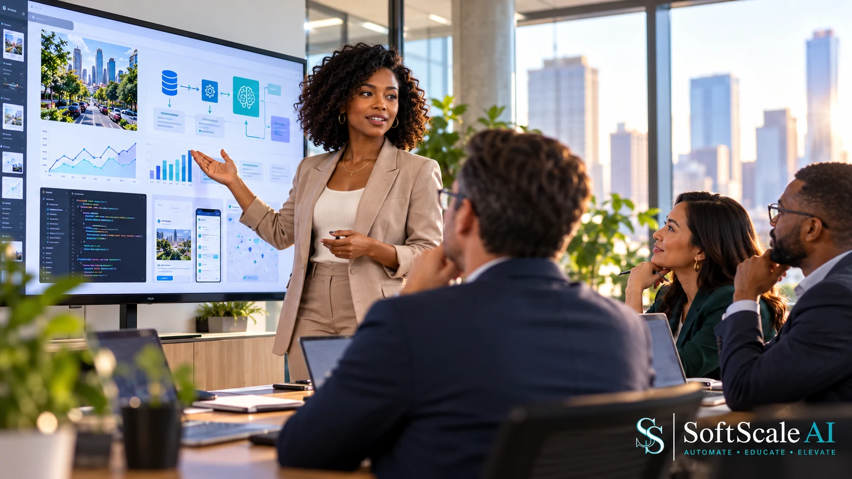African American professional presenting an AI-assisted work portfolio while employers evaluate her practical skills in a modern office.