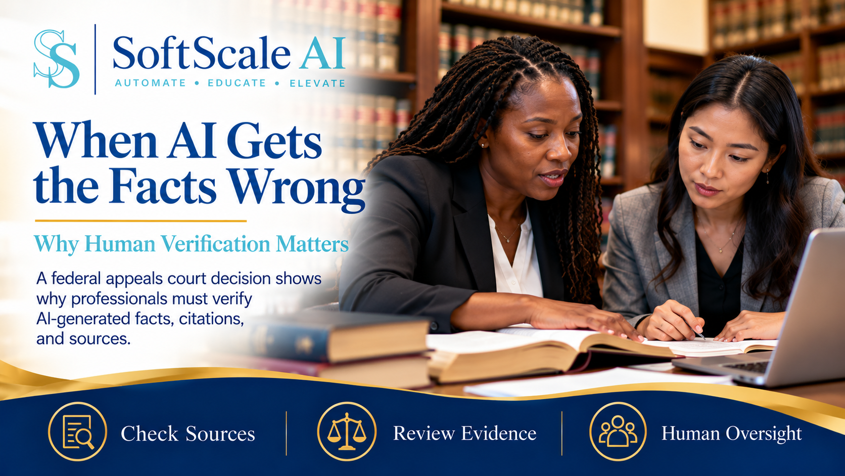 A branded SoftScale AI graphic shows two legal professionals in a law library reviewing documents and a laptop together. The headline reads “When AI Gets the Facts Wrong,” with supporting text explaining why human verification of AI-generated facts, citations, and sources matters.