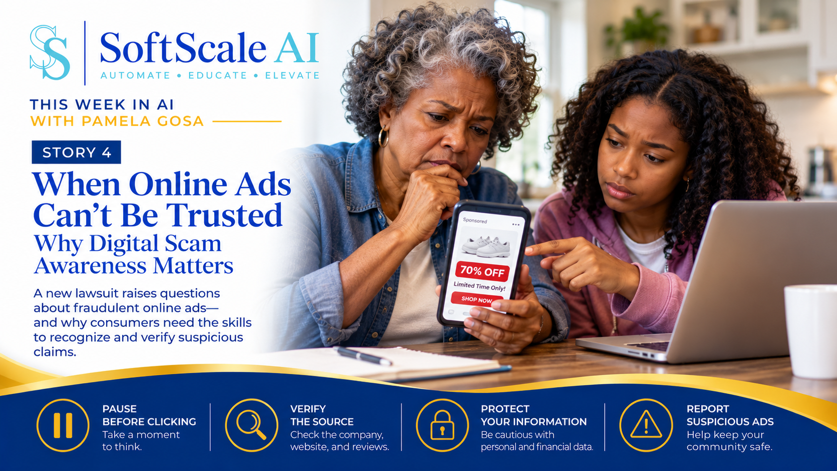 A branded SoftScale AI graphic shows an older Black woman and a younger Black woman reviewing a suspicious online advertisement on a smartphone beside a laptop at a kitchen table. The headline reads “When Online Ads Can’t Be Trusted,” with supporting text about digital scam awareness, consumer protection, and verifying suspicious claims.