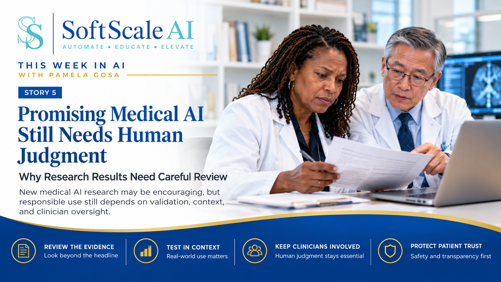 A branded SoftScale AI graphic shows two doctors reviewing medical research documents and a laptop together in a clinical office. The headline reads “Promising Medical AI Still Needs Human Judgment,” with supporting text about reviewing evidence, validation, context, and clinician oversight.